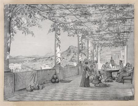 Der Maler im Kreise seiner Familie auf der Terrasse der Villa Tagliaferro auf Ischia.