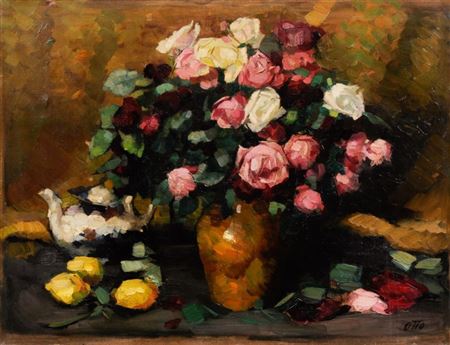 Stilleben mit Rosen und Zitronen.