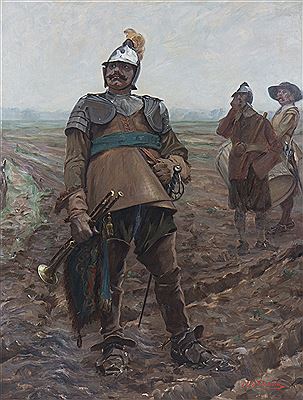Military men with trumpet and drum on the muddy field
