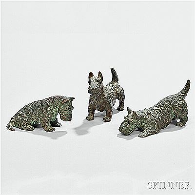 Three Bronze Scottie Dogs: One Seated, One Standing, One Crouching
