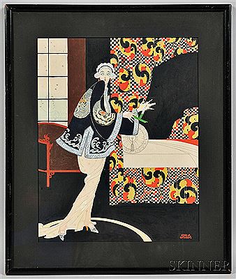 Art Deco Illustration of a Woman in Her Bedroom
