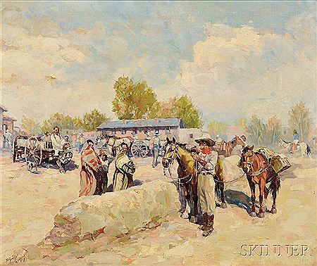Western Village with Cowboys and Native Americans