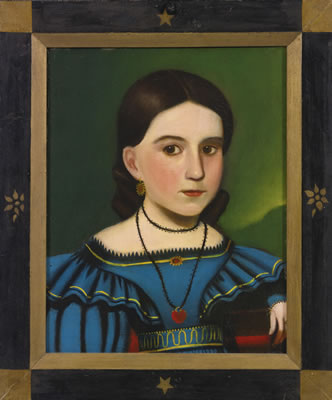 PORTRAIT OF A YOUNG DARK-HAIRED GIRL IN A BLUE DRESS AND RED LOCKET