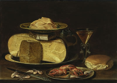 SLICES OF BUTTER ON A WANLI 'KRAAK' PORCELAIN DISH, A STACK OF CHEESE ON A PEWTER PLATE, WITH A JUG, A FAÇON-DE-VENISE WINEGLASS, A BUN, CRAYFISH ON A PEWTER PLATE, A KNIFE AND SHRIMP ON A TABLE