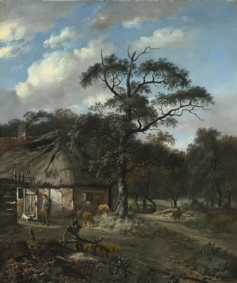 WOODED LANDSCAPE WITH A BOY AND ANIMALS NEAR A COTTAGE