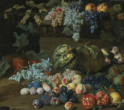 PUMPKINS, GRAPES, PEACHES, PLUMS, POMEGRANATES, PEARS, FIGS, APPLES, AND TURNIPS BY AND ON A PLINTH