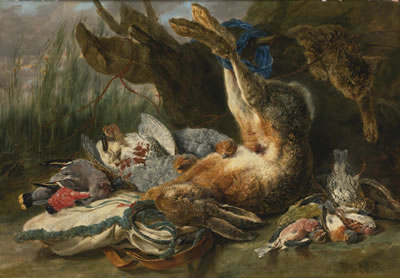GAMEPIECE WITH A HARE AND VARIOUS WILD BIRDS, A CAT APPROACHING FROM THE RIGHT