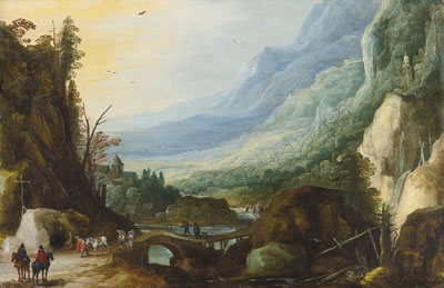 MOUNTAINOUS LANDSCAPE WITH A BRIDGE ACROSS A RIVER