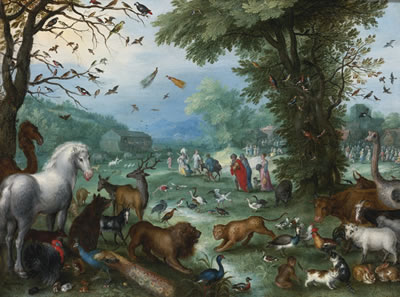 PARADISE LANDSCAPE WITH THE ANIMALS ENTERING NOAH'S ARK