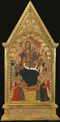 MADONNA AND CHILD ENTHRONED WITH SAINTS ANTHONY ABBOT, MARY MAGDALENE, CATHERINE OF ALEXANDRIA, AND A BISHOP SAINT, WITH EIGHT ANGELS