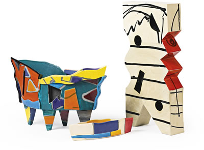ENVELOPE VASE, MATTE GREEN ENVELOPE VASE AND WHITE VASE WITH LINES: THREE CERAMIC SCULPTURES