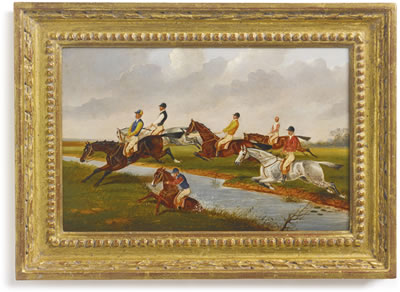 SADDLING UP, NECK AND NECK, CROSSING THE BROOK, AND OVER THE WALL: A GROUP OF FOUR PAINTINGS