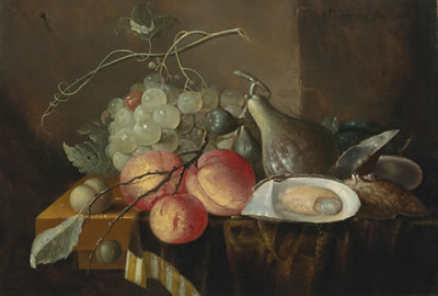STILL LIFE WITH FRUIT AND OYSTERS ON A TABLE