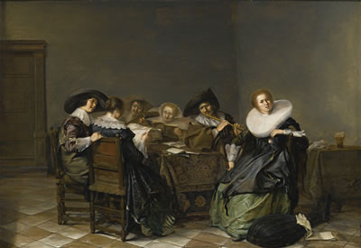 AN INTERIOR WITH MUSICIANS SEATED AROUND A TABLE