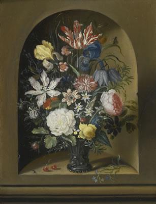 STILL LIFE OF FLOWERS IN A NICHE WITH CHERRIES, INSECTS AND A CATERPILLAR