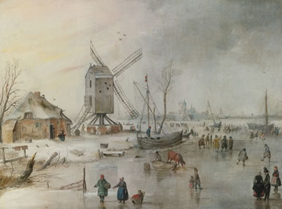 A WINTER SCENE WITH A WINDMILL AND FIGURES ON A FROZEN RIVER