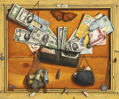 Sample artwork by Otis Kaye (1885 - 1974), known for trompe l'oeil still life-currency, genre painting - View similar artists and auction records
