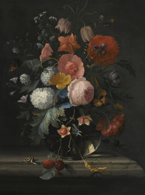STILL LIFE OF ROSES, FRITILLARIA, VIBURNUM AND OTHER FLOWERS IN A GLASS VASE RESTING ON A LEDGE, WITH A SNAIL AND BUTTERFLY