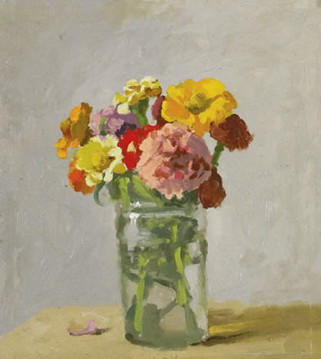 ZINNIAS IN A GLASS JAR by Robert Moore Kulicke - Auction record, sale price, and art valuation. Compare with similar artists and explore comparable artworks.