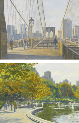 ON THE BROOKLYN BRIDGE AND BOATING POND, CENTRAL PARK: TWO PAINTINGS