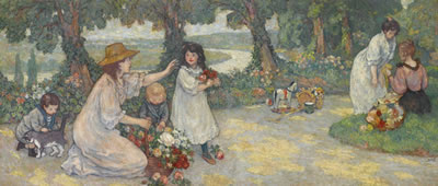 FEMMES ET ENFANTS DANS LA TERRASSE DU MOULIN DE BEAULIEU À VILLENNES-SUR-SEINE