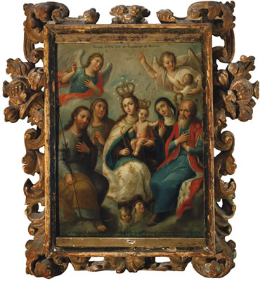 VIRGEN CORONADA CON EL NIÑO JESÚS, ARCÁNGELES SAN MIGUEL, SAN RAFAEL Y LA SAGRADA FAMILIA CON SANTA ANA, SAN JOAQUÍN Y SANTA TERESA DE JESÚS