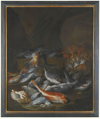 STILL LIFE OF ASSORTED FISH, SHELLFISH AND CORAL WITH A NET AND BASKET by Francesco della Questa - Auction record, sale price, and art valuation. Compare with similar artists and explore comparable artworks.