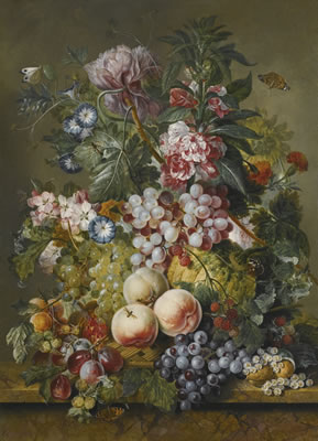 A STILL LIFE OF FRUIT AND FLOWERS, INCLUDING PEACHES, GRAPES, PLUMS, CURRANTS, MELON AND PEONIES, CONVOLVULI AND BLOSSOM ALL IN A BASKET ON A MARBLE LEDGE by Jacobus Linthorst - Auction record, sale price, and art valuation. Compare with similar artists and explore comparable artworks.