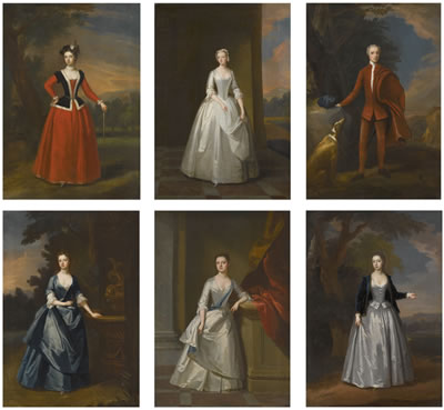 A SET OF FULL LENGTH PORTRAITS, ONE GENTLEMAN WITH HIS GREYHOUND, AND FIVE LADIES