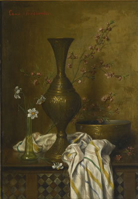STILL LIFE WITH ORIENTAL OBJECTS AND A GLASS VASE WITH FLOWERS