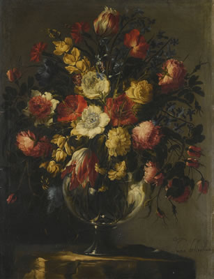 STILL LIFE WITH A LARGE ARRAY OF FLOWERS IN A GLASS VASE ON A STONE PEDESTAL