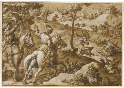 MEN HUNTING HARES WITH FALCONS