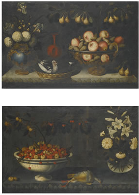 STILL LIFE WITH FLOWERS IN A GILT-MOUNTED BLUESTONE VASE AND A BOWL OF APPLES WITH A SPRIG OF PEARS; STILL LIFE WITH A BOWL OF CHERRIES AND OTHER FRUIT, A GLASS VASE OF LILIES TO THE RIGHT (2)