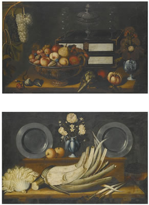 STILL LIFE WITH A LACQUERED CHEST, A BOWL OF ASSORTED FRUIT, A VASE OF FLOWERS, AND AN ARTICHOKE AND A POMEGRANATE ON THE LEDGE BENEATH; STILL LIFE WITH A CARDOON ON A SHELF, WITH TWO PEWTER PLATES AND A VASE OF FLOWERS ON DISPLAY ON THE SHELF ABOVE (2)
