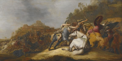 A BATTLE ON HORSEBACK WITH ARMOURED SOLDIERS AND SOLDIERS WEARING TURBANS, IN A LANDSCAPE