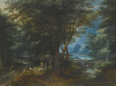 SUMMER LANDSCAPE WITH A LADY AND GENTLEMAN SEATED AND SPORTSMEN RETURNING WITH GAME