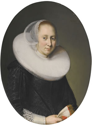 PORTRAIT OF A LADY AT THE AGE OF EIGHTEEN, HALF-LENGTH, WEARING A WHITE RUFF AND HOLDING A PAIR OF GLOVES WITH RED AND GOLD TRIMMINGS