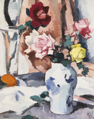 RED, PINK AND YELLOW ROSES IN A BLUE VASE by George Leslie Hunter - Auction record, sale price, and art valuation. Compare with similar artists and explore comparable artworks.