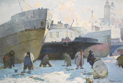 FISHING IN WINTER by Anna Dmitriyevna Cheridnichenko - Auction record, sale price, and art valuation. Compare with similar artists and explore comparable artworks.