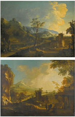 A PAIR OF MOUNTAIN LANDSCAPES WITH TRAVELLERS ON A ROAD, BOTH WITH RUINED TOWERS AND RURAL BUILDINGS