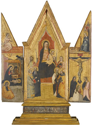 A PORTABLE TRIPTYCH SHOWING THE MADONNA AND CHILD ENTHRONED WITH SAINTS, WITH THE ANNUNCIATION, NATIVITY, AND CRUCIFIXION DEPICTED ON THE WINGS