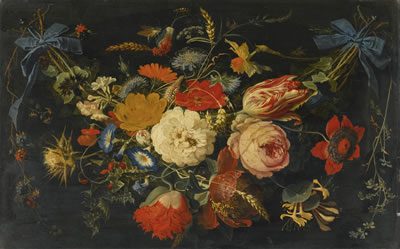 A HANGING GARLAND OF FLOWERS AND FRUIT, INCLUDING ROSES, TULIPS AND RASPBERRIES, ALONG WITH A VARIETY OF INSECTS