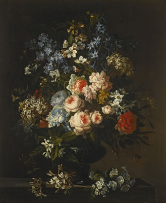 A STILL LIFE OF ROSES, HYACINTH, HONEYSUCKLE AND OTHER FLOWERS IN A GLASS VASE ON A LEDGE by Antoine Monnoyer - Auction record, sale price, and art valuation. Compare with similar artists and explore comparable artworks.