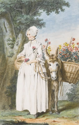 A MILKMAID AND A DONKEY CARRYING TWO LARGE BASKETS OF FLOWERS IN A WOOD