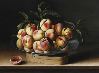 NATURE MORTE DE PÊCHES SUR UN PLAT D'ÉTAIN, BOÎTE DE COPEAU