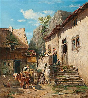 Sunny Farmyard by Jakob Furchtegott Dielmann - Auction record, sale price, and art valuation. Compare with similar artists and explore comparable artworks.