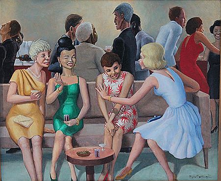 Multi figural genre of well dressed women & men at a cocktail party