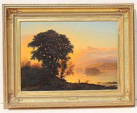 Landscape w fisherman & sailboat on lake w mountain back drop & extremely luminous sky