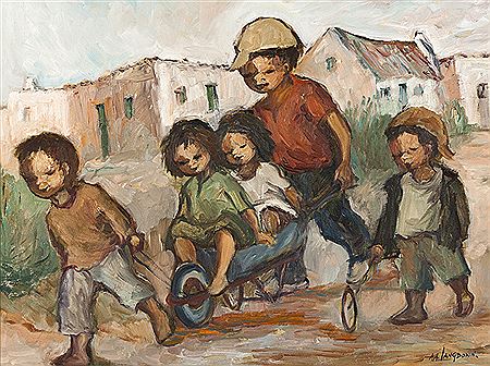 CHILDREN PLAYING IN A WHEELBARROW