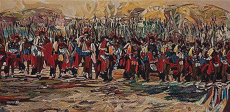 CEREMONIAL GATHERING by Nhlanhla Xaba - Auction record, sale price, and art valuation. Compare with similar artists and explore comparable artworks.